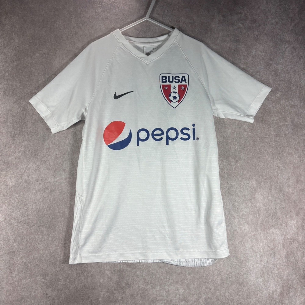 Nike Soccer Jersey Kids Medium White BUSA Pepsi Dri-Fit Short Sleeve Active Gym